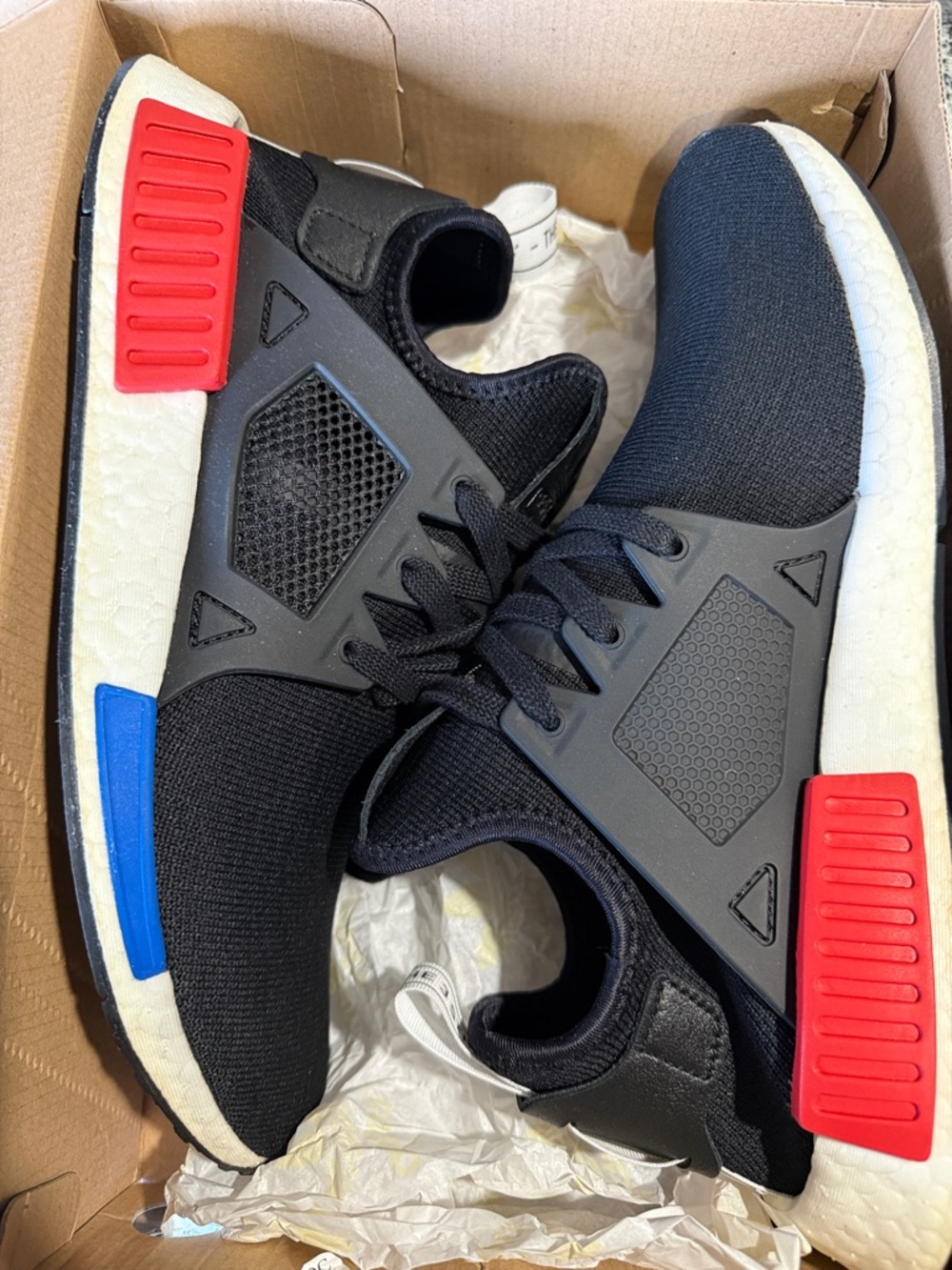 adidas NMD XR1 “OG Black” Knit Sneakers with Red & Blue Midsole Accents